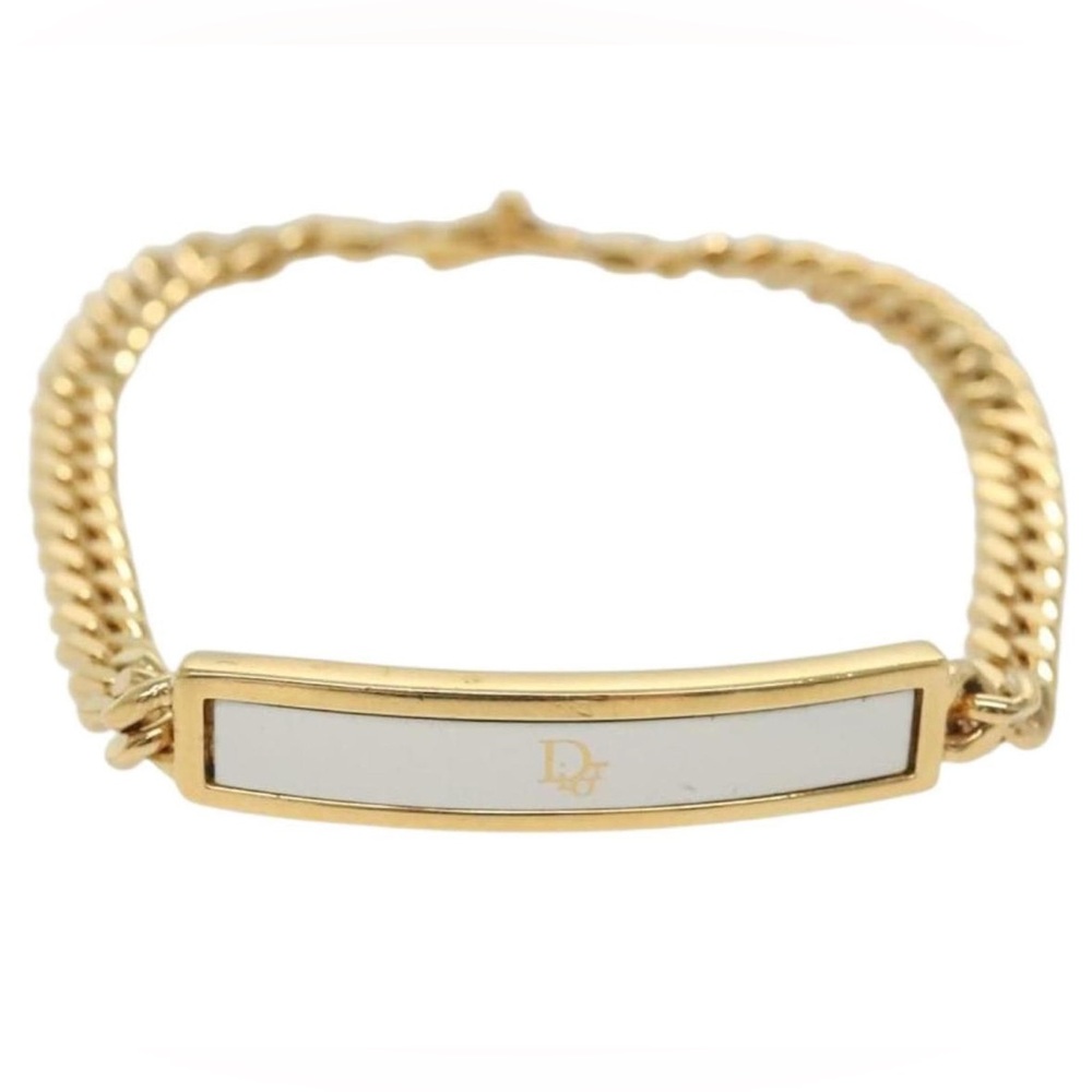 Dior Gold Curb Chain Bracelet W Logo Plaque White Accent - Picture 2 of 15